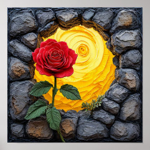 Affiche Rose poussant hors d'un trou dans un mur de pierre