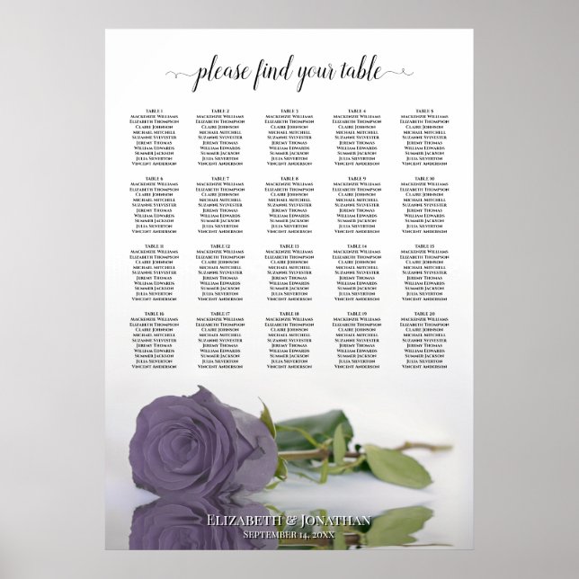 Affiche Rose Poussière Violet 20 Plan de table de mariage (Devant)