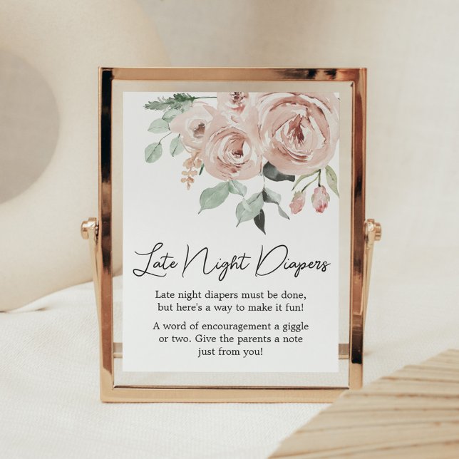 Affiche Rose Poussiéreux Rose C'est une fille Couches de n (It's a Girl Dusty Pink Rose Baby Shower Late Night Diapers Sign)