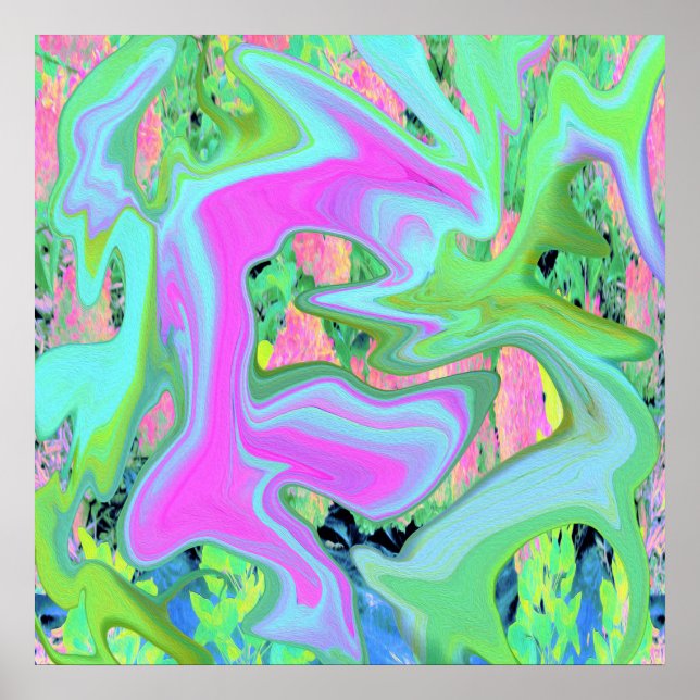 Affiche Rose Rétro et Art Liquide Bleu Clair sur Hydrangea (Devant)
