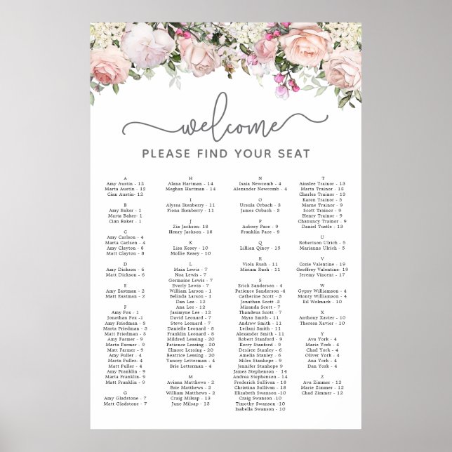 Affiche Rose rose Alphabétique Doux 16 Seating Chart (Devant)