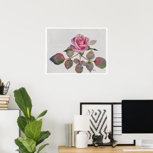Affiche Rose rose avec feuilles abstraites aquarelle