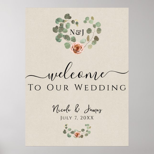 Affiche Rose rose et cœur d'eucalyptus Mariage rustique  (Devant)