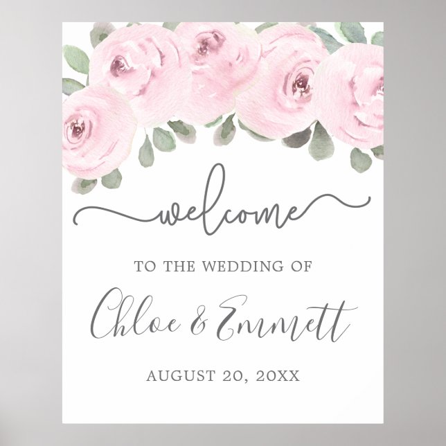 Affiche Rose rose Eucalyptus Mariage Bienvenue (Devant)