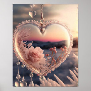 Affiche Rose Rose Hiver Scène Verre Coeur