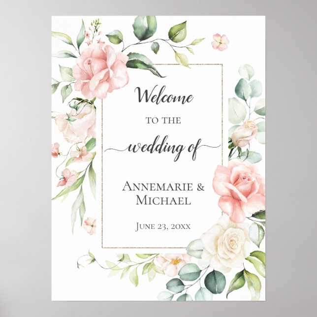 Affiche Rose Roses Eucalyptus 18x24 Bienvenue Au Mariage (Devant)