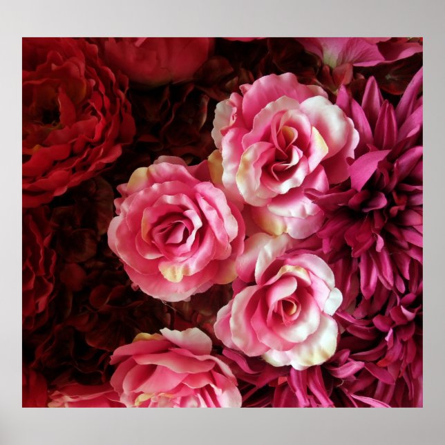 Affiche Rose, roses rouges : arrière - plan de tissu. (Devant)