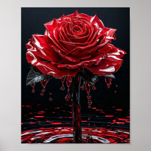 Affiche Rose Rouge Brillante avec Gouttes de Rosée Romanti