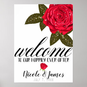 Affiche Rose rouge eau humide gouttes Mariage Bienvenue