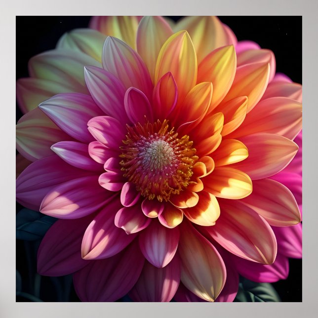 Affiche Rose Rouge Orange Jaune Violet Dahlia Fleur (Devant)