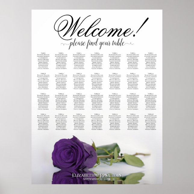 Affiche Rose Royale Pourpre 28 Plan de Table de Mariage (Devant)