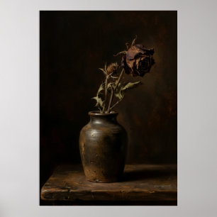 Affiche Rose Séchée Sombre Vase en Terre Cuite Nature Mort