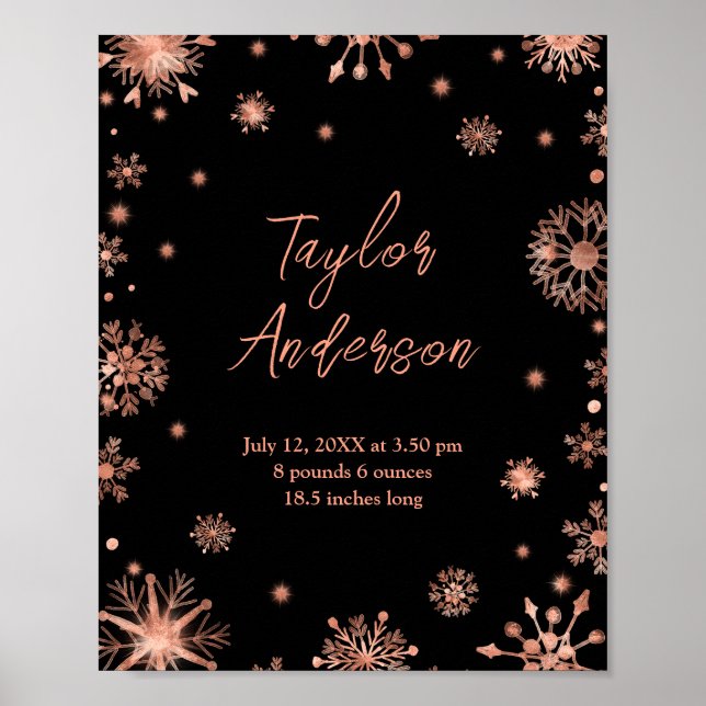 Affiche Rose Snowflakes Gold sur White Birth Stats (Devant)