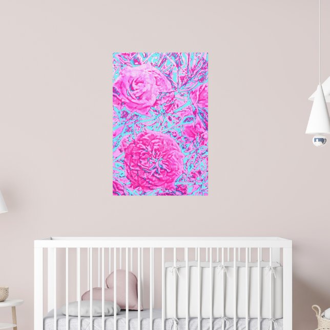 Affiche Rose Vintage Bush-Retro rose et bleu (Pépinière 2)