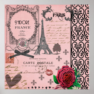 Affiche rose vintage d'art de collage de Paris