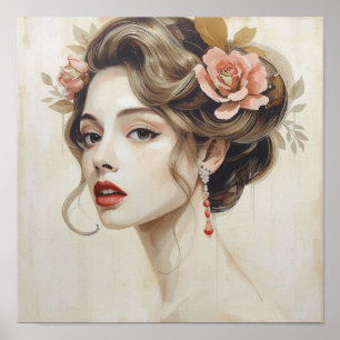 Affiche Rose Vintage Femme Cheveux Art Nouveau