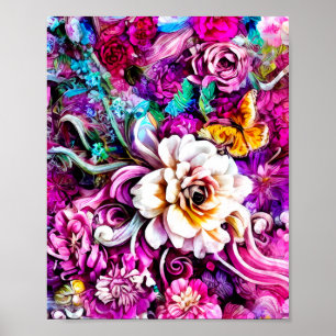 Affiche Rose violet bleu Turquoise blanc Jardin Fleurs Ima