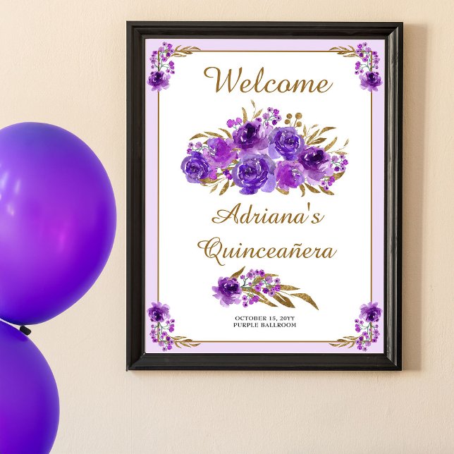 Affiche Rose violet feuille or Quinceanera Bienvenue (Purple floral welcome poster  (print or printable) from my Rose and Gold Leaf quinceanera collection)