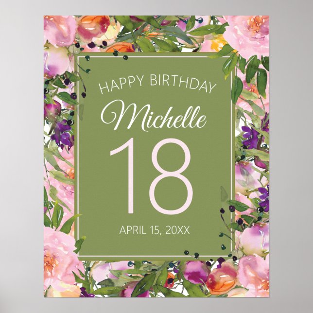 Affiche Rose violet Floral Vert Feuilles 18e anniversaire (Devant)