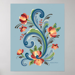 Affiche Rosemaling bleu et rouge