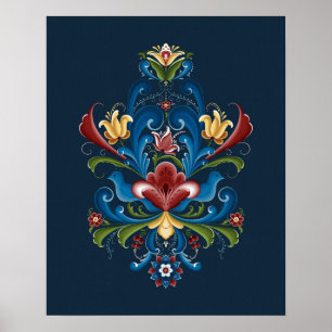Affiche Rosemaling scandinave bleu rouge folklorique