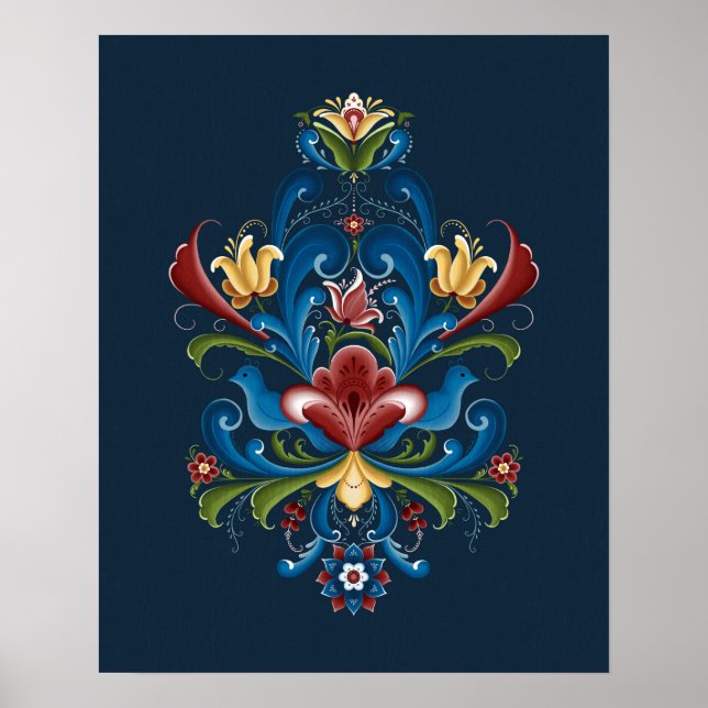 Affiche Rosemaling scandinave bleu rouge folklorique (Devant)