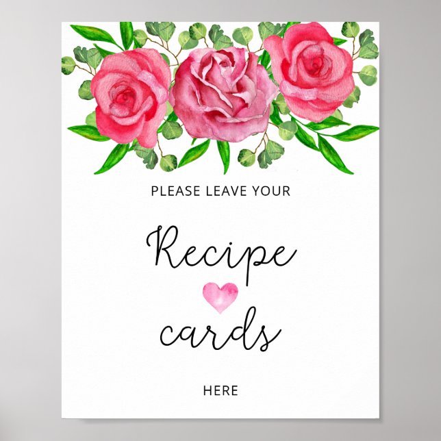 Affiche Roses aquarelle laissez votre carte de recette ici (Devant)