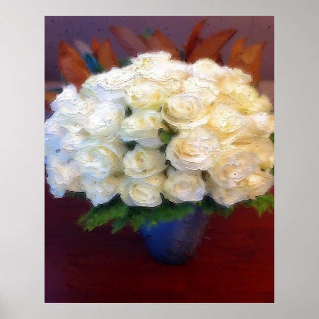 Affiche Roses blanches dans un vase bleu (Devant)