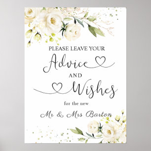 Affiche Roses blanches Feuillage vert Conseils et bons voe