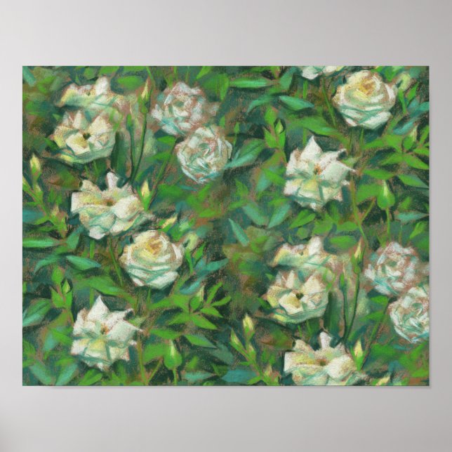 Affiche Roses blanches Fleurs Feuilles vertes Peinture flo (Devant)