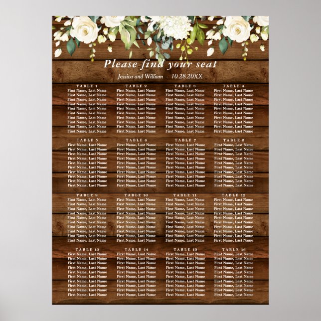 Affiche Roses blanches Floral 16 Tables Mariage GRAPHIQUE  (Devant)