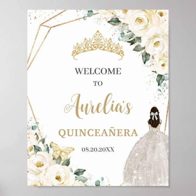 Affiche Roses blanches Floral Quinceañera 15 Anniversaire  (Devant)