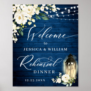 Affiche Roses blanches Lanterne Bleu Dîner de répétition e