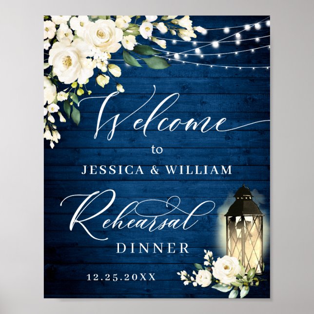Affiche Roses blanches Lanterne Bleu Dîner de répétition e (Devant)