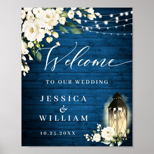 Affiche Roses blanches Lanterne Bleu Mariage de bienvenue (Devant)