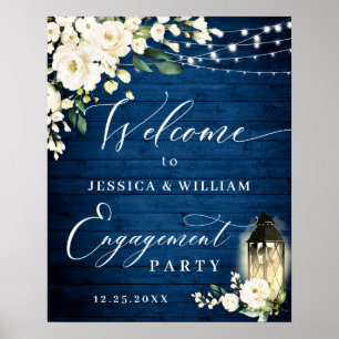 Affiche Roses blanches Lanterne en bois bleu