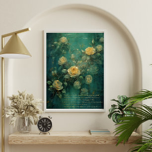 Affiche Roses blanches Or antique Vintage Romantique Vert 