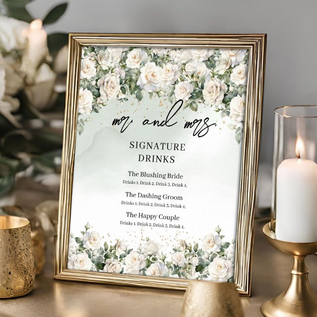 Affiche Roses blanches vintages et boissons signées vertes (Whimsical boho white roses and eucalyptus greenery Mr. and Mrs. signature drinks tabletop sign)