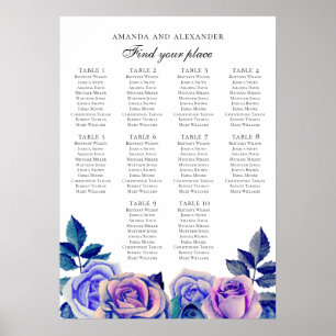 Affiche Roses bleues et violettes. Plan de table de mariag