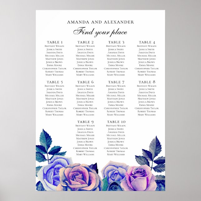 Affiche Roses bleues et violettes. Plan de table de mariag (Devant)