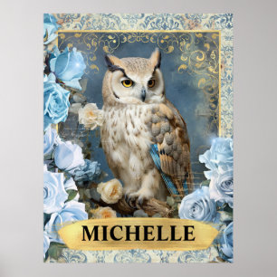 Affiche Roses bleues romantiques et fantaisie de hibou