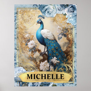 Affiche Roses bleues romantiques et fantaisie de paon