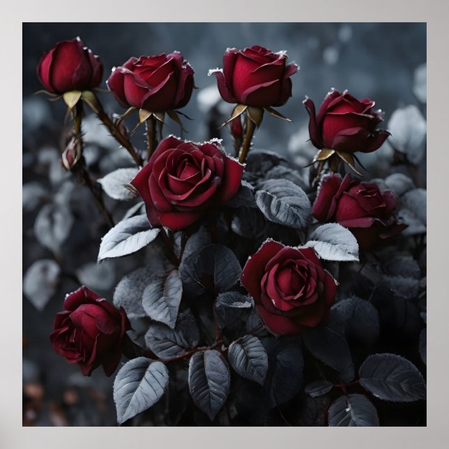 Affiche roses bordeaux avec feuilles noirs couverts de gre (Devant)