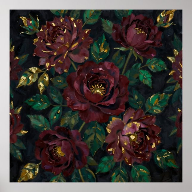 Affiche Roses Bourguignonnes de Luxe Fleurs Feuille d'Or (Devant)