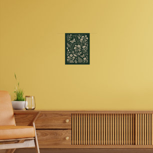Affiche Roses Brodées Crème et Papillons Vert Forêt