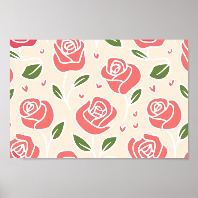 Affiche Roses coralliens et Feuilles verts avec accents ca (Devant)