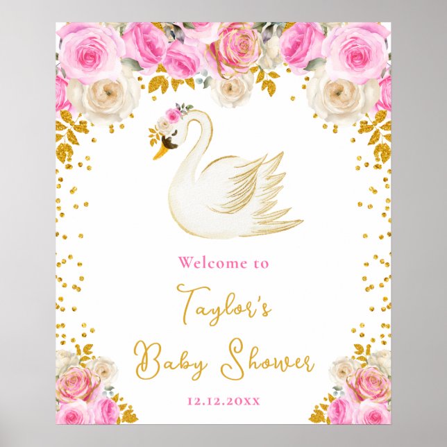 Affiche Roses cygne rose et or Baby shower accueil (Devant)