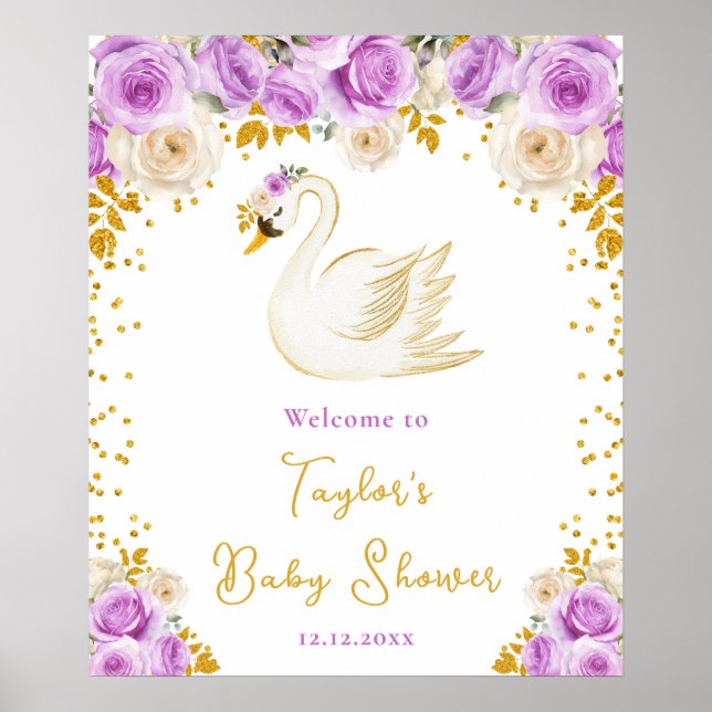 Affiche Roses cygne violet et or Baby shower Bienvenue (Devant)