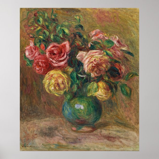 Affiche Roses dans un vase vert par Pierre-Auguste Renoir (Devant)