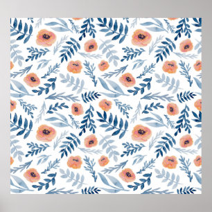 Affiche Roses d'aquarelle : Feuilles bleus sans couture